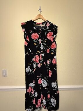 Old Navy Black Maxi Dress with Pink & White Floral Print